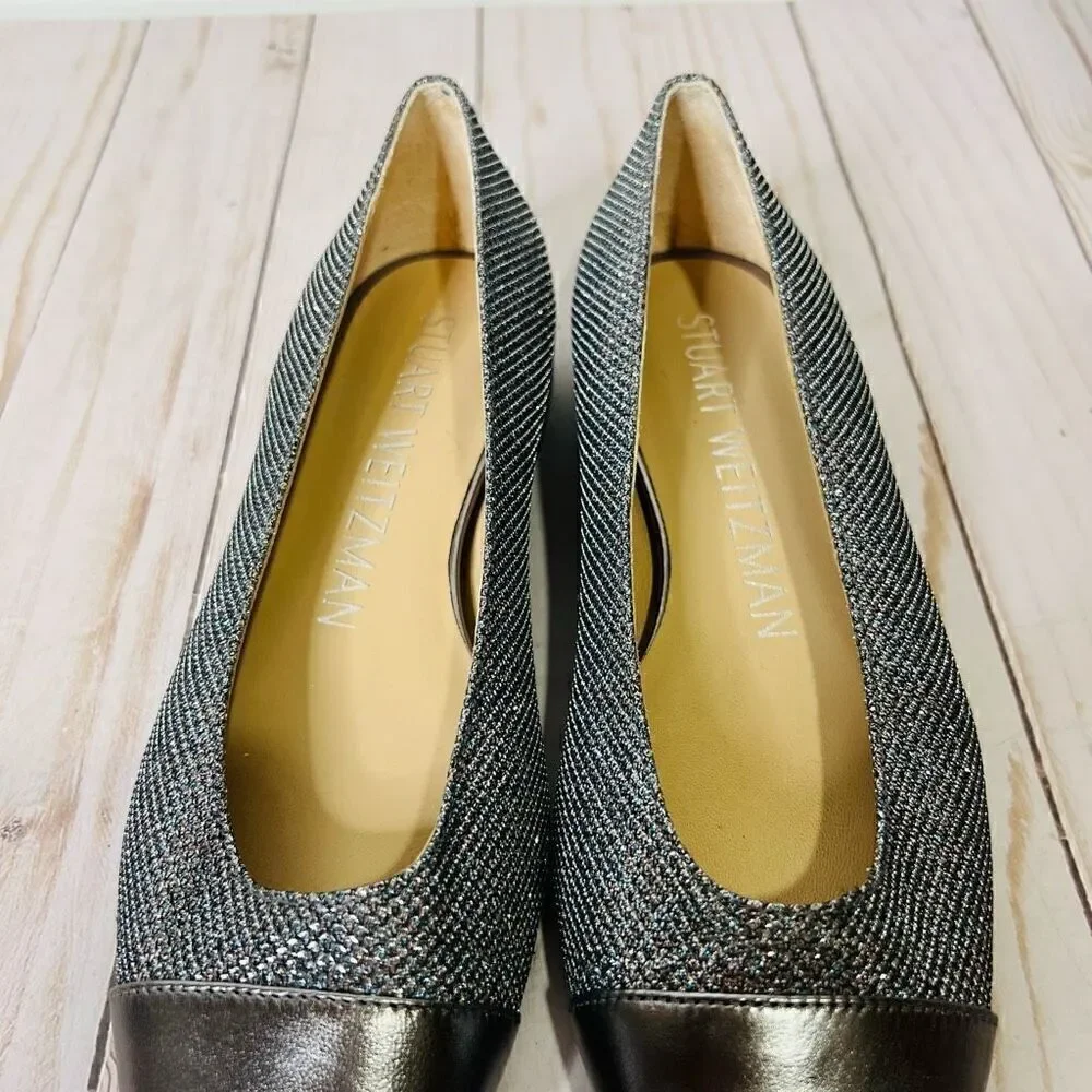Stuart Weitzman Sleek Flat Gunmetal Silver Pewter Sparkle Glitter Flats NEW! Sz